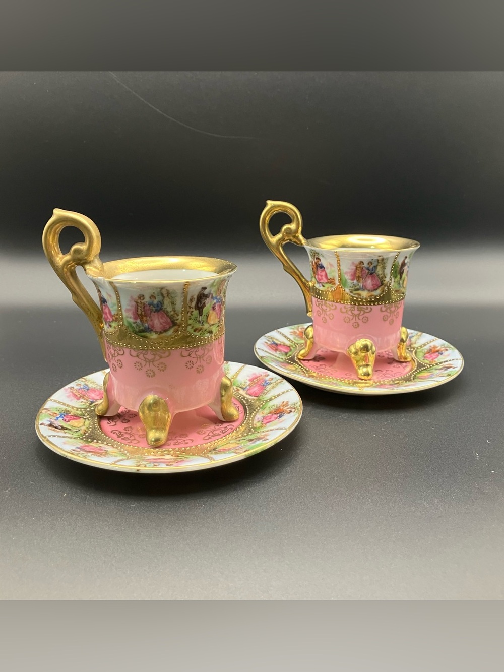 Pink Vintage Courting Couple Demitasse Cup & Saucer Double Set Chipped